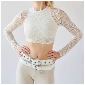 Urban Outfitters Danica Lace Sheer Long Sleeve Cropped Top